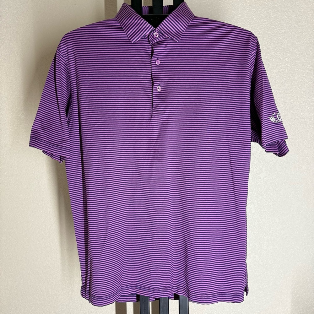 Peter Millar Men’s Striped Polo Shirt L | Purple & Navy Cotton Golf Casual